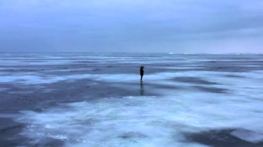 Göl, donmuş gölde yürüyen kız donmuş bir gölün buzunda yürüyen kız, İzlanda 'da elmas plajı boyunca yürüyen kadın. Ayaklar buzda, kız donmuş gölde yürüyor. 