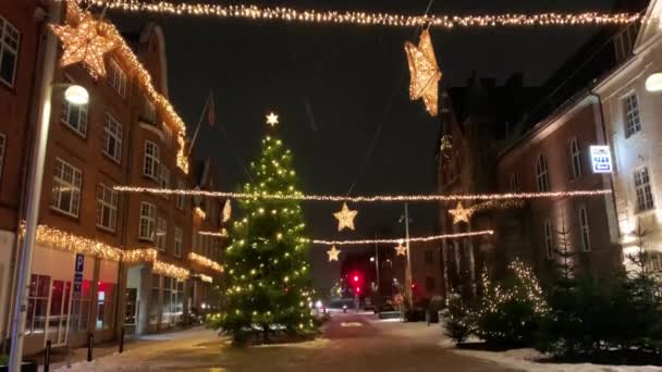 Украшен Рождественских Праздников Дания Копенгаген Выборг Торговая Улица Историческом Центре — стоковое видео