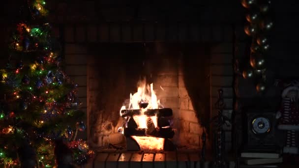 クリスマス 魔法の輝く木 ギフト クリスマスツリーとクリスマスの装飾 居心地の良いリラックスした暖炉 ファイヤーウッド カントリーハウスの炎 家の快適さ — ストック動画