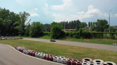 Race track seagull go-kart on the road Issue Drone view 4K, Kart pilot during training, Kart crossing the finish line, Rally races line track or road marking. Start, FPV, KIEV, Ukraine 