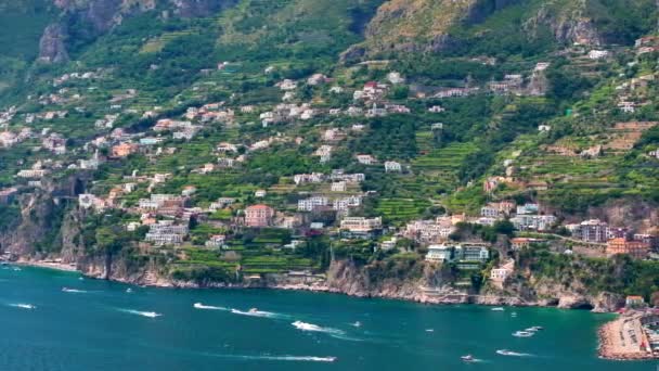 Utsikt Över Amalfikusten Vid Soluppgången Italiens Kust Nära Neapel Städerna — Stockvideo