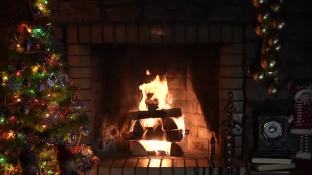 Święta Magiczne Świecące Drzewo Kominek Prezenty Kominek Choinką Ozdoby Świąteczne — Wideo stockowe