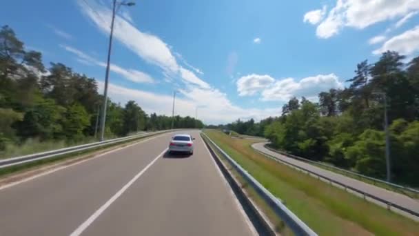 Fpv Car Goes Road Mixed Forest Road Trip Business Car Stock Footage