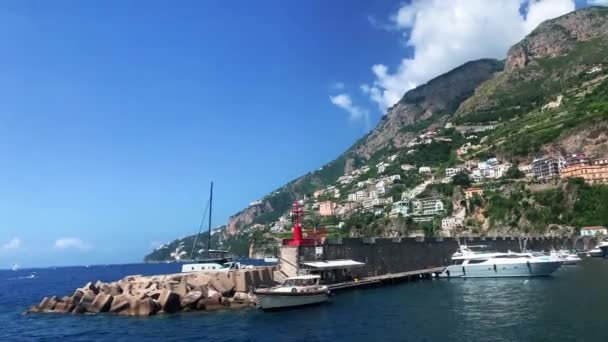 Amalfi Tengerparti Kilátás Napkeltekor Olasz Tengerpart Nápoly Közelében Városok Amalfi — Stock videók