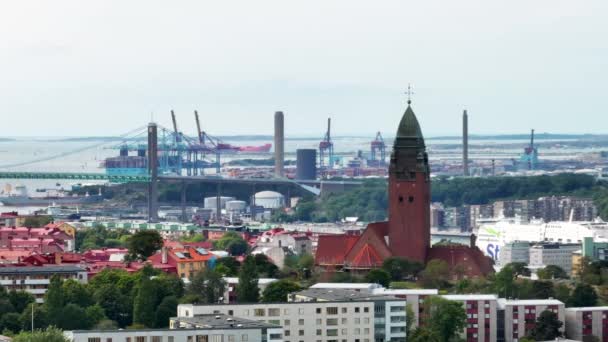 Oscar Fredrik Kilisesi Nin Muhteşem Günbatımında Eski Şehir Manzarası Göteborg — Stok video