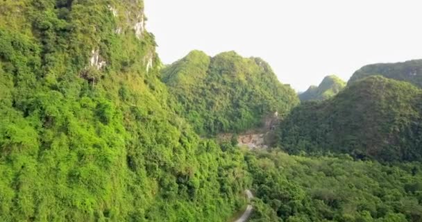 アジア 東南アジア ベトナム ソン山脈 カルスト山脈 ハロン湾 日の出に霧の中の山々を眺める空中風景 ナムバレーの空中風景 — ストック動画