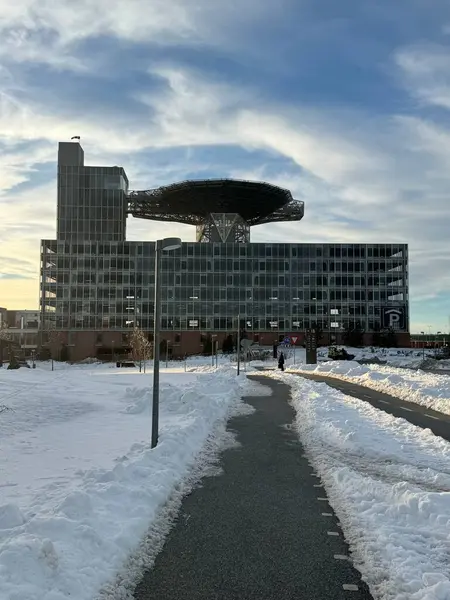 Acil tıbbi helikopter servisi helikopter pisti şehirdeki hastane binasının çatısında. şehir ve şehir kavramı.