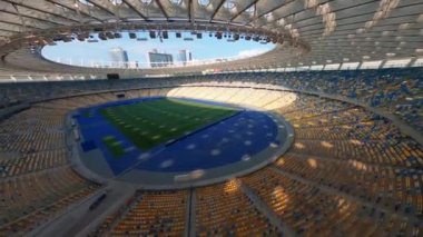FPV uçuşu, Stadyum. Gece gündüz şehir manzarası. Yukarıdan aydınlık stadyuma kadar oyunlar ve taraftarlarla dolu bir manzara. Stadyum, Kiev, Ukrayna, Futbol stadyumu sahası, futbol arka planı, açık hava sporları