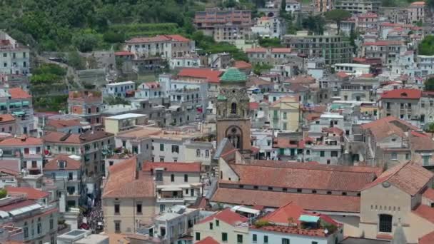 Luftaufnahme Des Berühmten Küstenortes Atrani Der Amalfiküste Italien Kleinstadt Atrani — Stockvideo