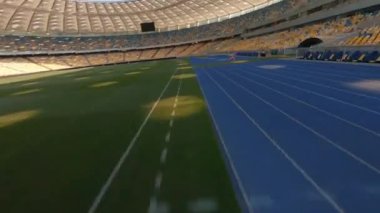 FPV uçuşu, Stadyum. Gece gündüz şehir manzarası. Yukarıdan aydınlık stadyuma kadar oyunlar ve taraftarlarla dolu bir manzara. Stadyum, Kiev, Ukrayna, Futbol stadyumu sahası, futbol arka planı, açık hava sporları 