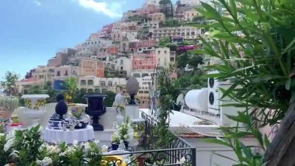 Positano Turistmål Amalfikysten Italien Luftfoto Farverige Huse Tyrrhensk Havkyst Set – Stock-video