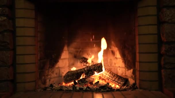 暖炉だ 居心地の良いリラックスした暖炉 田舎の家の炎 温かみと家庭の快適さ 心臓だ 暖炉の火が燃えています 暖炉の中の美しい火木製の燃焼 — ストック動画