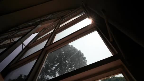 ドアを開けると 太陽の光が輝く大きな窓のある建物のドアのイラスト 出口だ ブラリーの背景だ 巨大なパノラマウィンドウと光線 — ストック動画