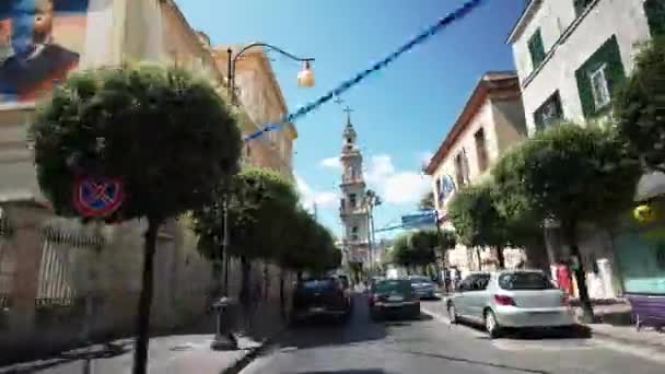 イタリア ポンペイ 2022年9月28日 イタリア ポンペイのローズマリーの聖母のバシリカの隣にタワー イタリア バルトロ広場 ポンペイのローザリーの聖母の有名な巡礼教会 — ストック動画