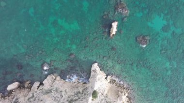 Hava aracı görüntüsü. Yazın Girit, Yunanistan 'da ünlü plaj manzarası. Libya denizinde nehir ve palmiye ağaçları olan ünlü bir sahil. Tropikal ada, Panoramik manzara Girit adasının en güzel plajları