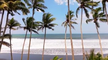 Endonezya, Bali 'de kara plaj. Kum geçmişi. Yaz deniz manzarası, Bali, Endonezya 'da siyah plajlı deniz ve tropikal ada manzarası, yaz manzarası, gün batımında kumsal manzarası.