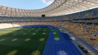FPV uçuşu, Stadyum. Gece gündüz şehir manzarası. Yukarıdan aydınlık stadyuma kadar oyunlar ve taraftarlarla dolu bir manzara. Stadyum, Kiev, Ukrayna, Futbol stadyumu sahası, futbol arka planı, açık hava sporları 