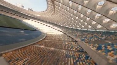 FPV uçuşu, Stadyum. Gece gündüz şehir manzarası. Yukarıdan aydınlık stadyuma kadar oyunlar ve taraftarlarla dolu bir manzara. Stadyum, Kiev, Ukrayna, Futbol stadyumu sahası, futbol arka planı, açık hava sporları 