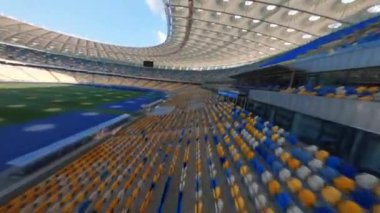 FPV uçuşu, Stadyum. Gece gündüz şehir manzarası. Yukarıdan aydınlık stadyuma kadar oyunlar ve taraftarlarla dolu bir manzara. Stadyum, Kiev, Ukrayna, Futbol stadyumu sahası, futbol arka planı, açık hava sporları 