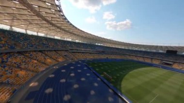 FPV uçuşu, Stadyum. Gece gündüz şehir manzarası. Yukarıdan aydınlık stadyuma kadar oyunlar ve taraftarlarla dolu bir manzara. Stadyum, Kiev, Ukrayna, Futbol stadyumu sahası, futbol arka planı, açık hava sporları 