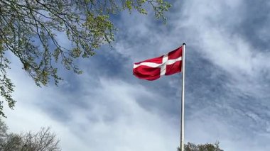 Rüzgarda dalgalanan Danimarka bayrağının yakın çekimi, Kopenhag ormanının önünde rüzgarda dalgalanan kırmızı ve beyaz Danimarka bayrağı