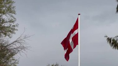Rüzgarda dalgalanan Danimarka bayrağının yakın çekimi, Kopenhag ormanının önünde rüzgarda dalgalanan kırmızı ve beyaz Danimarka bayrağı