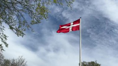 Rüzgarda dalgalanan Danimarka bayrağının yakın çekimi, Kopenhag ormanının önünde rüzgarda dalgalanan kırmızı ve beyaz Danimarka bayrağı