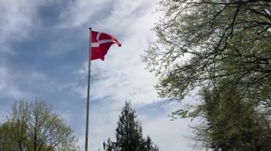 Rüzgarda dalgalanan Danimarka bayrağının yakın çekimi, Kopenhag ormanının önünde rüzgarda dalgalanan kırmızı ve beyaz Danimarka bayrağı