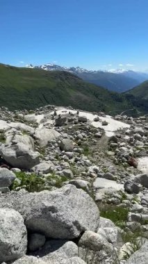 İsviçre doğası ve seyahat. Alp manzarası. Geleneksel dağ köyü Alp dağlarıyla çevrili. Popüler turizm merkezi, ormanı ve vadisi olan ünlü MajesticMountain., 