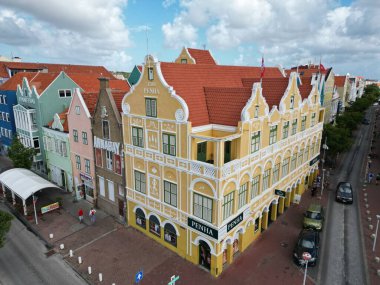 Downtown Willemsted historic city street colourful buildings with pastel-colored colonial architecture. High Quality Photo.