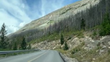 Banff bölgesindeki hava aracı görüntüleri. Banff Ulusal Parkı yakınlarında dağlar ve geniş orman manzarasına bakıyor. Yüksek kalite 4k görüntü