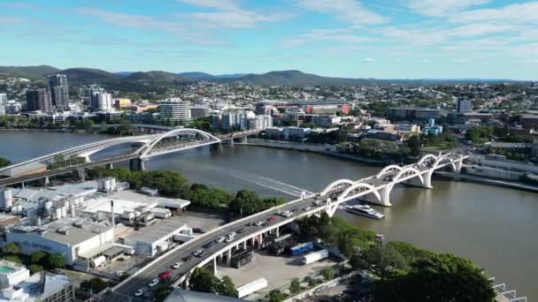 Luchtfoto Drone Beelden Brisbane Cbd April 2023 Met Uitzicht Rivier — Stockvideo