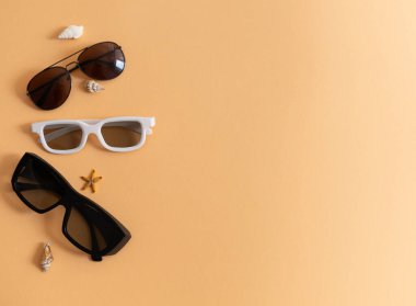 Güneş gözlüklü, deniz kabuklu, yaz tatili konsepti