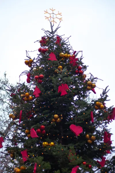 Kırmızı Noel süslemeleri ile sokakta Noel ağacı