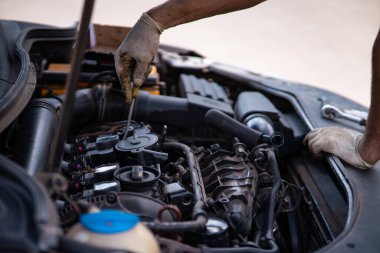 A skilled mechanic performs diagnostics under the hood of a car, meticulously inspecting components to identify issues. This image captures the expertise and attention to detail required in automotive repair, emphasizing the importance of professiona clipart