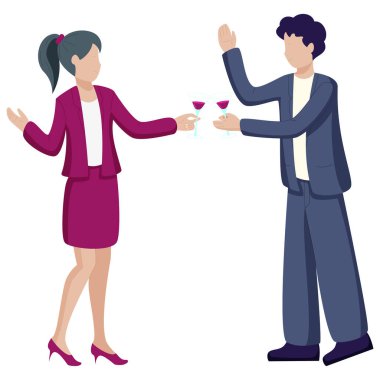 Ofis partisinin renk versiyonunda şarap kadehiyle iş arkadaşı konuşması