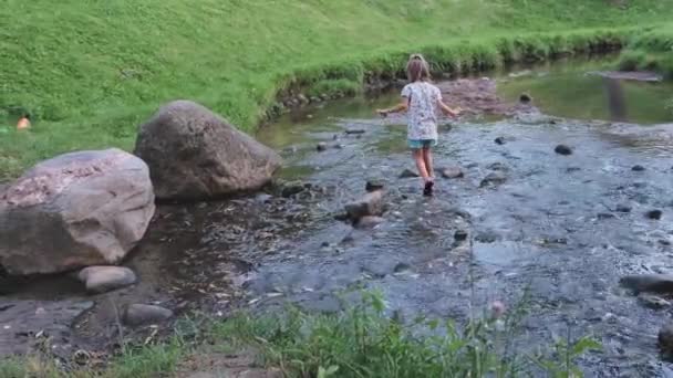 Uma Menina Cuidadosamente Caminha Descalça Água Fria Riacho Natural Com — Vídeo de Stock
