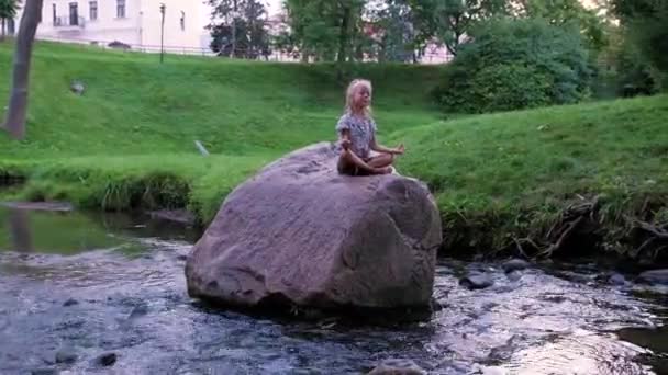 Ένα Κοριτσάκι Διαλογίζεται Καθισμένο Μια Μεγάλη Πέτρα Στη Μέση Ενός — Αρχείο Βίντεο