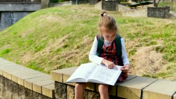 Een Klein Meisje Leest Een Boek Straat — Stockvideo