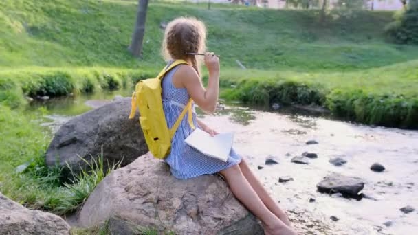少女は鉛筆で川の近くの大きな石の上に座っているアルバムに描きます — ストック動画