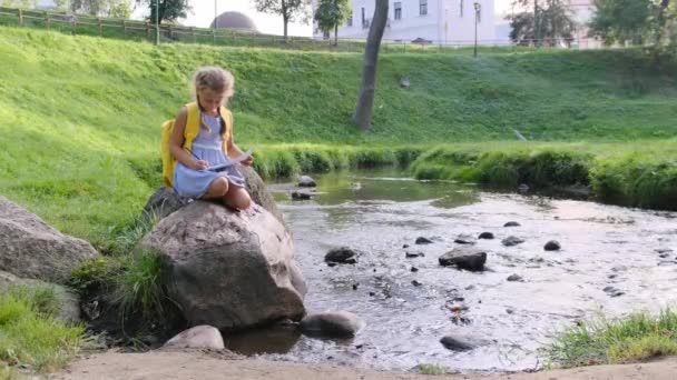Dívka Kreslí Album Které Sedí Velkém Kameni Břehu Řeky — Stock video