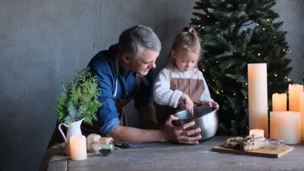 一个慈爱的父亲和他的小女儿在平安夜一起做饭 在家做饭 家庭传统 — 图库视频影像