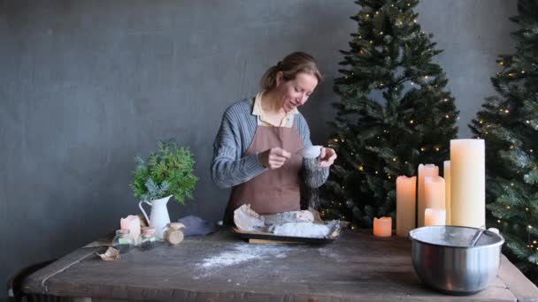Girl Sprinkles Powdered Sugar Christmas Stollen — Stock Video