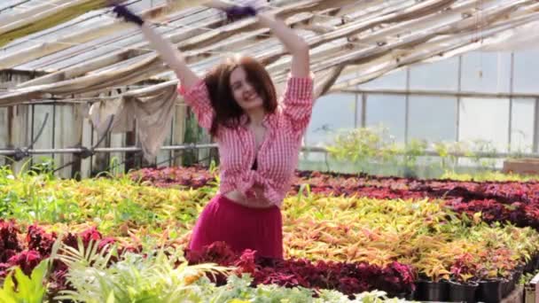 Beautiful Gardener Girl Dancing Middle Large Flower Garden — Stock Video