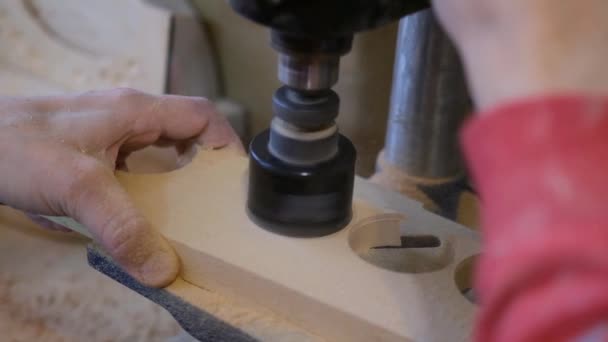 Carpinteiro Perfurar Buraco Placa Com Uma Ferramenta Desfasamento Temporal — Vídeo de Stock
