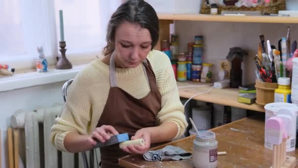 Craftsman Girl Handles Wooden Toy Craft Workshop — Stock Video