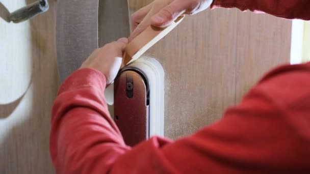 Professional Carpenter Processes Wooden Billet Belt Grinder Smooth Movements — Wideo stockowe