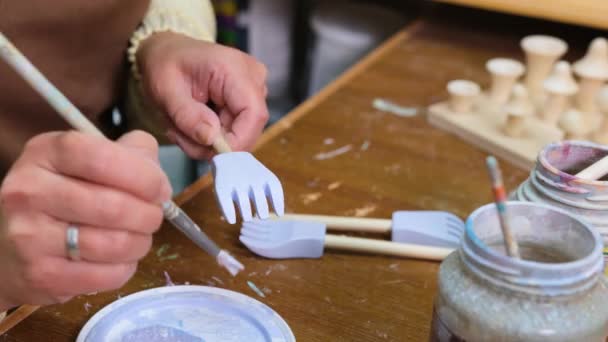Girl Master Paints Wooden Toys Acrylic Paints Production Environmentally Friendly — Vídeo de stock