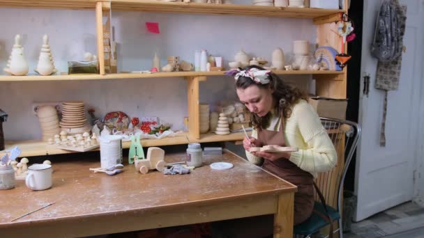 Artist Hands Paint Handmade Wooden Toy Workshop — Stock Video