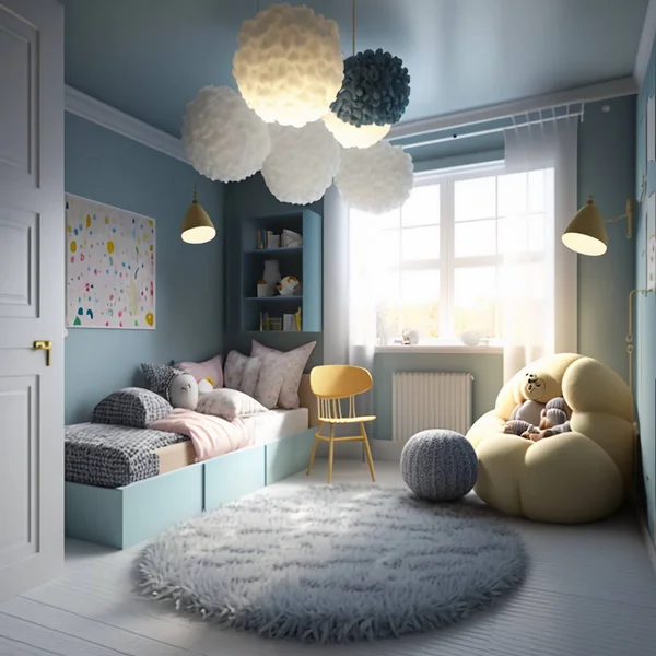 Scandinavian interior design of a playroom for children, designer furniture, cute children's toys. created using artificial intelligence. created using artificial intelligence
